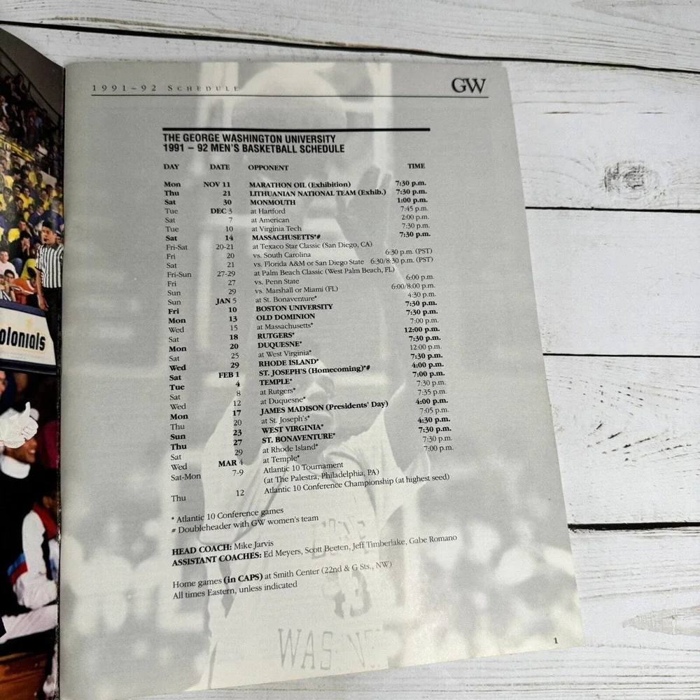 1991-92 Colonials George Washington Revolutionaries Men's Basketball Media Guide
